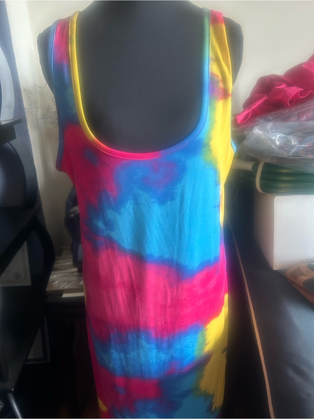 Ashley Stewart Tie-Dye Scoop Neck Tank Dress - Blue, Pink & Yellow